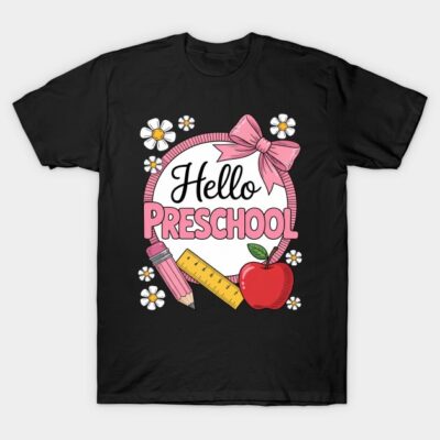 Black "Hello Preschool" t-shirt with pink and white graphics, featuring a pencil, ruler, apple, and floral accents.