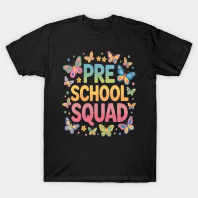 Black t-shirt with colorful "Pre School Squad" text and butterfly design, perfect for casual wear or preschool events.