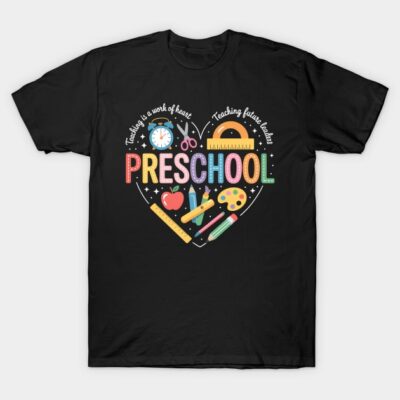 Black preschool teacher t-shirt with colorful school-themed heart design, perfect for educators.