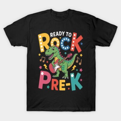 Children's black t-shirt with "Ready to Rock Pre-K" design featuring a colorful dinosaur playing guitar. Fun and playful.
