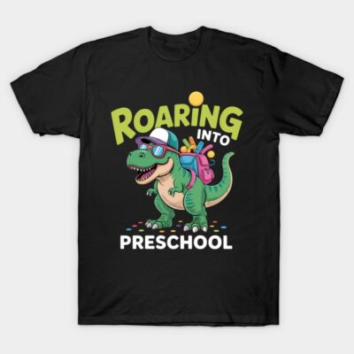 Black t-shirt with colorful dinosaur graphic, text "Roaring into Preschool," fun kids' clothing, casual wear.