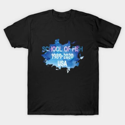 Black graphic T-shirt with blue watercolor design reading "School of Fish 1989-2020 USA," casual cotton apparel.