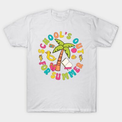 White "School's Out for Summer" T-shirt featuring colorful tropical graphics, perfect for casual summer wear.
