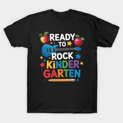 Black T-shirt with colorful "Ready to Rock Kindergarten" design, featuring guitar, apples, and stars. Perfect for kids.