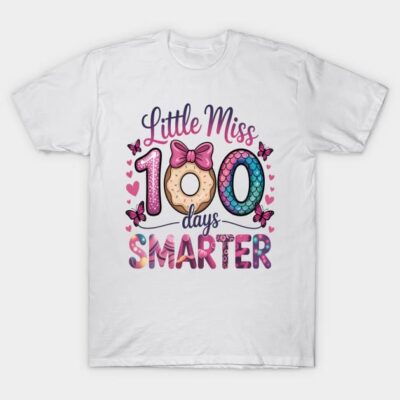 White "Little Miss 100 Days Smarter" T-shirt, colorful design, cotton, perfect for school celebrations.