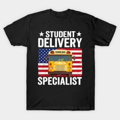 Black T-shirt with "Student Delivery Specialist" text, featuring a yellow school bus and American flag background.