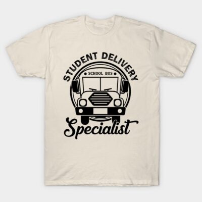 Cream t-shirt with "Student Delivery Specialist" school bus graphic, casual style, cotton material.