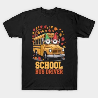 Black t-shirt with "School Bus Driver" design featuring yellow bus and gnomes, ideal for casual wear.
