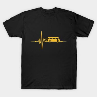 Black t-shirt with yellow bus and heartbeat graphic, casual style, cotton material, perfect for everyday wear.