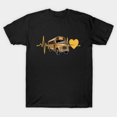 Black T-shirt with yellow school bus and heartbeat design, casual wear, cotton material, unisex style.