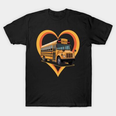 Black t-shirt featuring yellow school bus with heart design, casual wear, cotton fabric, unisex style.