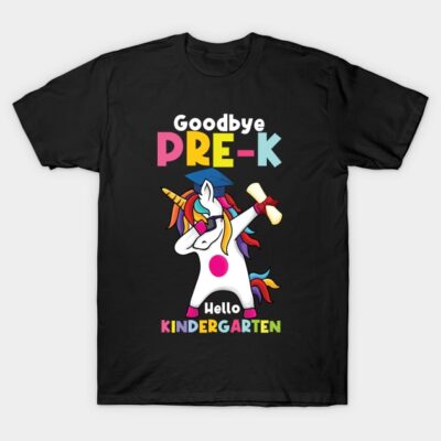 Black t-shirt with colorful unicorn design, reading "Goodbye Pre-K, Hello Kindergarten," ideal for school transition.