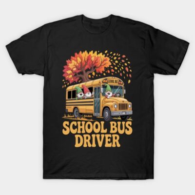 Black t-shirt featuring a colorful school bus and autumn tree design with "School Bus Driver" text, ideal for casual wear.