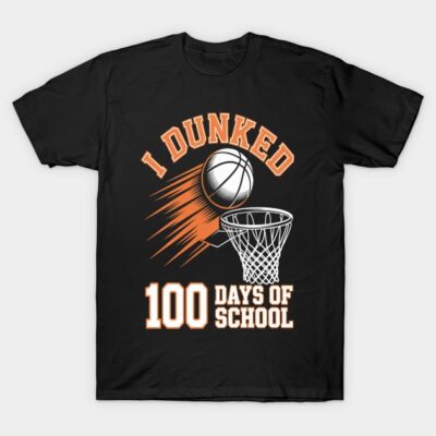 Black "I Dunked 100 Days of School" T-shirt with basketball graphic, casual style, ideal for school celebrations.