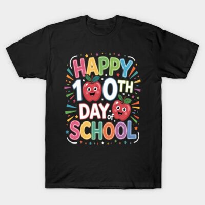 Black t-shirt with colorful "Happy 100th Day of School" graphic and playful apple design, ideal for school celebrations.