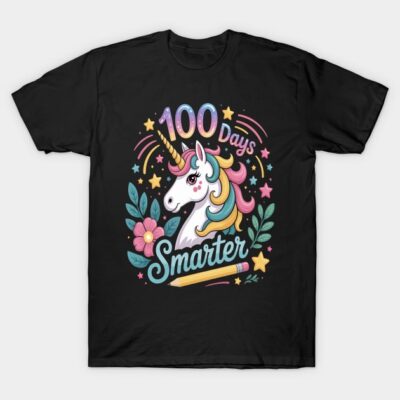 Black t-shirt with colorful unicorn design, "100 Days Smarter" text, ideal for celebrating milestones.