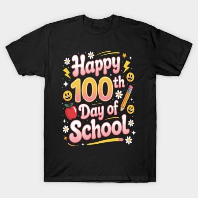 Black "Happy 100th Day of School" t-shirt with colorful text and school-themed graphics, perfect for celebration.
