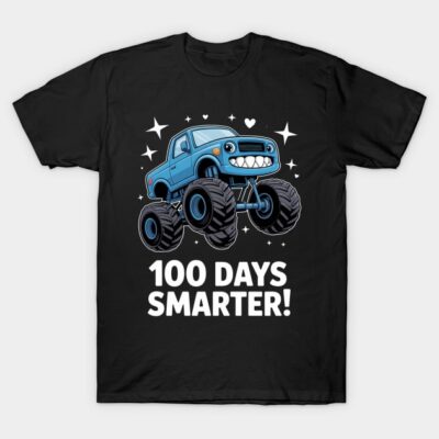 Black T-shirt with blue monster truck graphic and "100 Days Smarter" text, casual wear for celebrations.