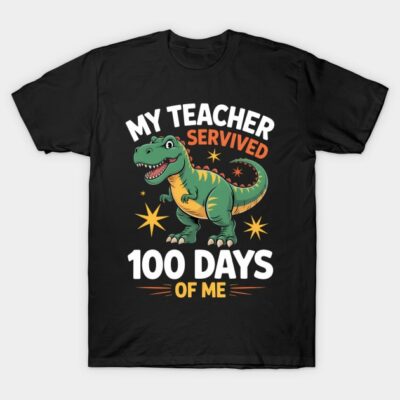 Black T-shirt with green dinosaur graphic and "100 Days of Me" text, perfect for school celebrations.