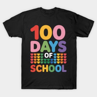 Black T-shirt with colorful "100 Days of School" text and heart design, perfect for school celebrations.