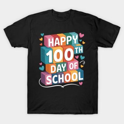 Black "Happy 100th Day of School" T-shirt with colorful block design, ideal for school celebrations. Cotton material.