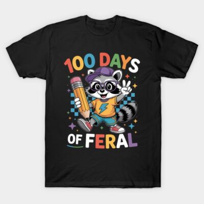 Black t-shirt with colorful "100 Days of Feral" design featuring a cartoon raccoon holding a pencil. Fun and casual style.