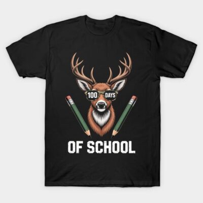Black t-shirt with a fun deer graphic and "100 Days of School" text, featuring pencils. Perfect for school celebrations.