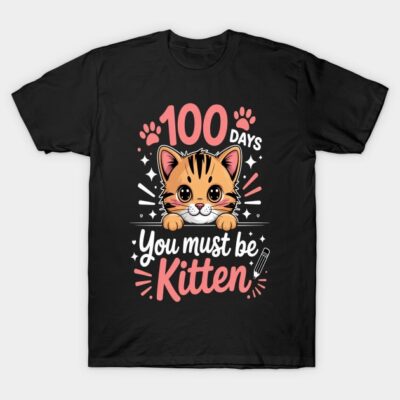 Black t-shirt with cute cat graphic and "100 Days You Must Be Kitten" text, ideal for casual wear, cotton material.