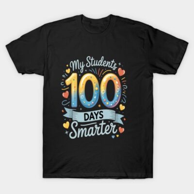 Black "100 Days Smarter" t-shirt with colorful design, perfect for teachers celebrating students' milestone achievement.