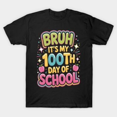 Black T-shirt with colorful "100th Day of School" graphic, casual style, perfect for school celebrations.