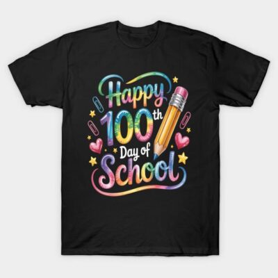 Black t-shirt with colorful "Happy 100th Day of School" design featuring pencil, hearts, stars, and paper clips.
