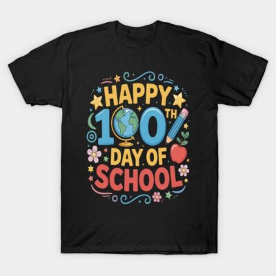 Black T-shirt with colorful "Happy 100th Day of School" graphic, featuring globe, pencil, and apple design.