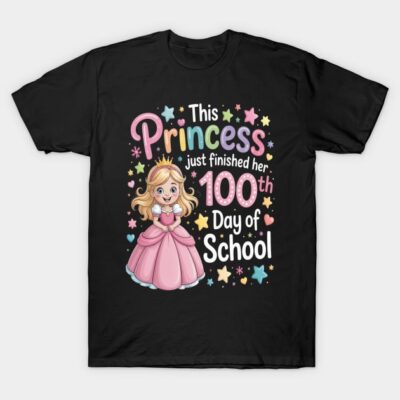 Black t-shirt with colorful "Princess 100th Day of School" print, featuring stars and cartoon princess, cotton material.