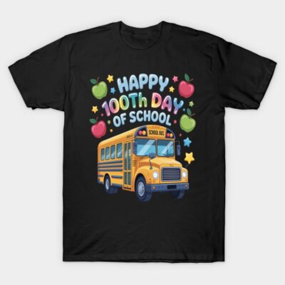 Black T-shirt with colorful "Happy 100th Day of School" design featuring a yellow school bus and apples.