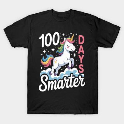 Black t-shirt with "100 Days Smarter" text and colorful unicorn design, perfect for kids' milestone celebration.