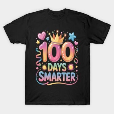 Black "100 Days Smarter" t-shirt with colorful celebratory design, perfect for milestone achievements.