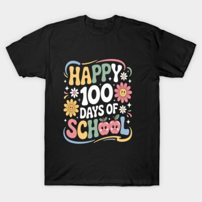 Black "Happy 100 Days of School" T-shirt with colorful floral design, perfect for school celebrations and casual wear.