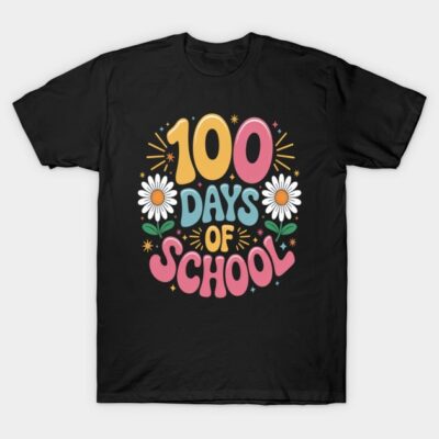 Black t-shirt with "100 Days of School" design in colorful letters and floral accents, perfect for school celebrations.