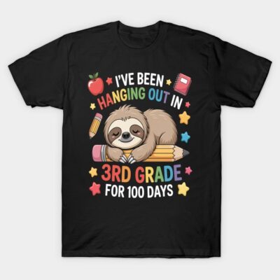 Black T-shirt with colorful text and cute sloth graphic, celebrating 100 days in 3rd grade, fun school-themed design.