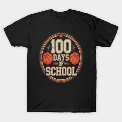 Black "100 Days of School" T-shirt with basketball design, casual style, ideal for school celebrations or sports events.
