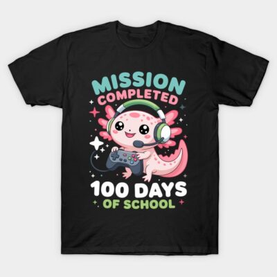 Black t-shirt featuring a playful axolotl design with gaming headset, celebrating "100 Days of School" in colorful text.
