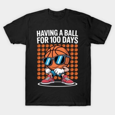 Black t-shirt with cartoon basketball character, sunglasses, and "Having a Ball for 100 Days" text. Casual sportswear.