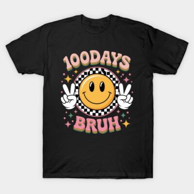 Black T-shirt with "100 Days Bruh" text, smiley face, and peace sign graphic, casual wear, cotton material.