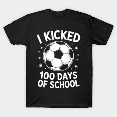 Black t-shirt with "I Kicked 100 Days of School" soccer design, perfect for celebrating school milestones.