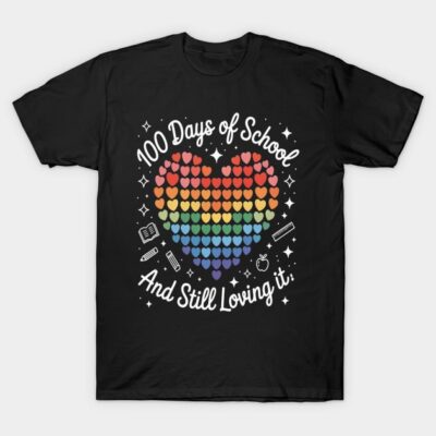 Black t-shirt with colorful heart design and "100 Days of School And Still Loving It" text, perfect for celebrating milestones.
