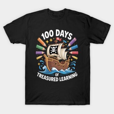 Black t-shirt with pirate ship and colorful pencils design, "100 Days of Treasured Learning," ideal for educational milestones.