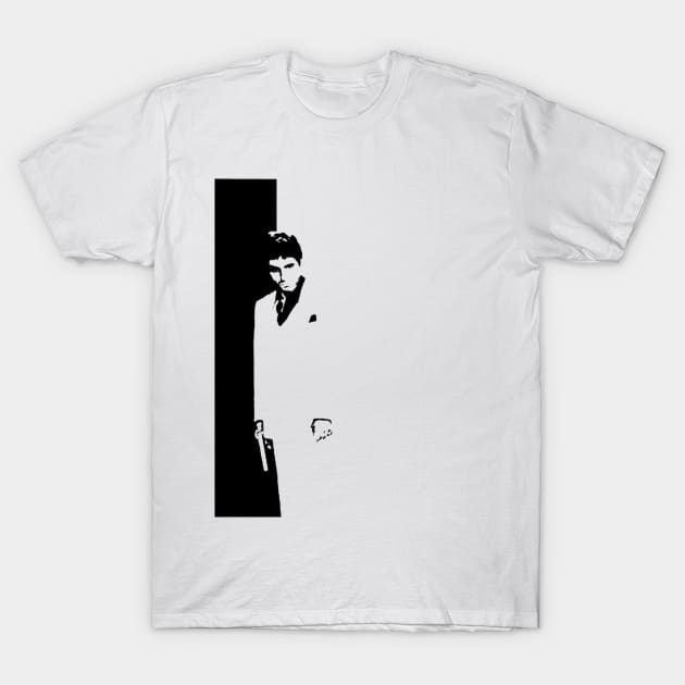 White cotton t-shirt with black and white graphic design, casual style, suitable for everyday wear.