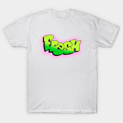 White t-shirt with "Fresh" in green graffiti style text, casual wear, cotton material, urban fashion.