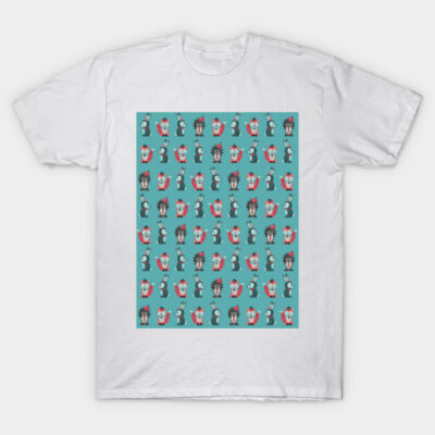 White t-shirt with colorful cartoon animal pattern on turquoise background, casual style, cotton material.