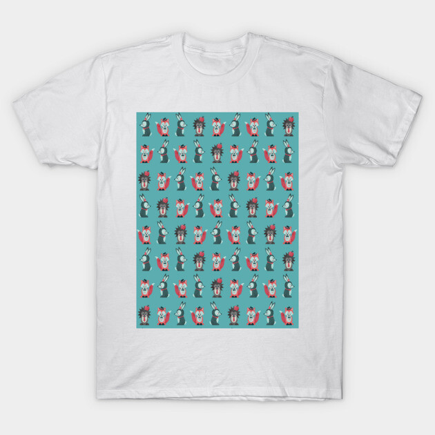 White t-shirt with colorful cartoon animal pattern on turquoise background, casual style, cotton material.